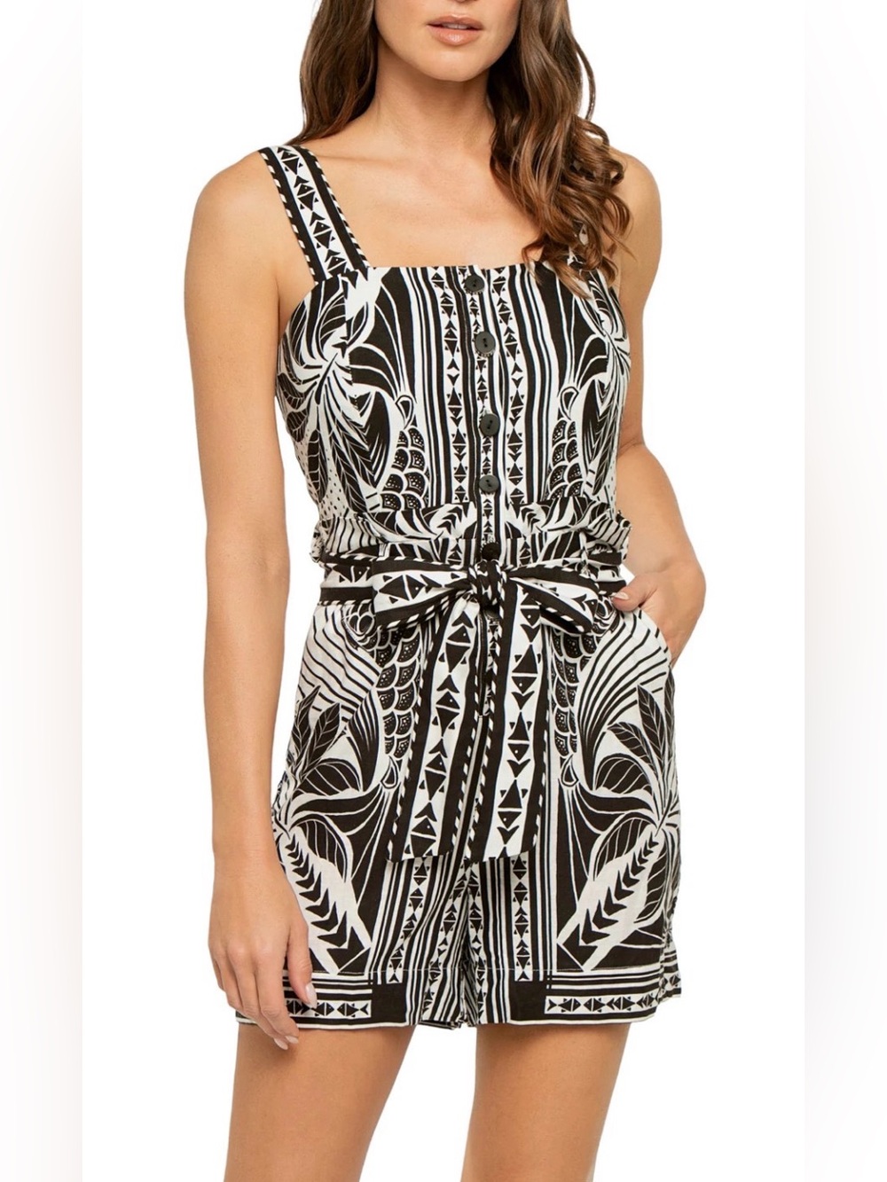 Farm Rio Linen Belted Romper (Size: S)